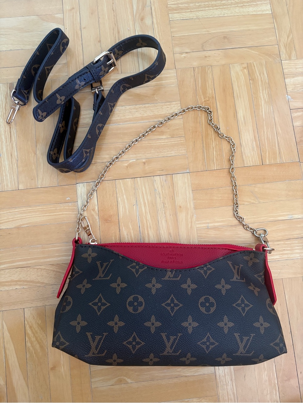 LV Brown Monogram Shoulder Bag with Red Trim crossbody strap or shoulder chain